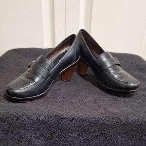 Sanita Black Leather Wood Heeled Slip On Loafers-Croc Embossed-38 (7)